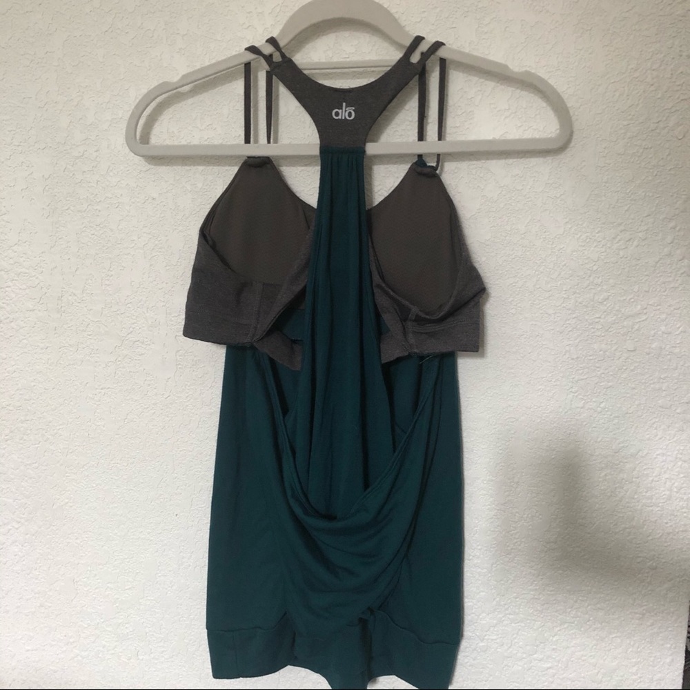 Alo teal and gray tank too back wrap built in bra